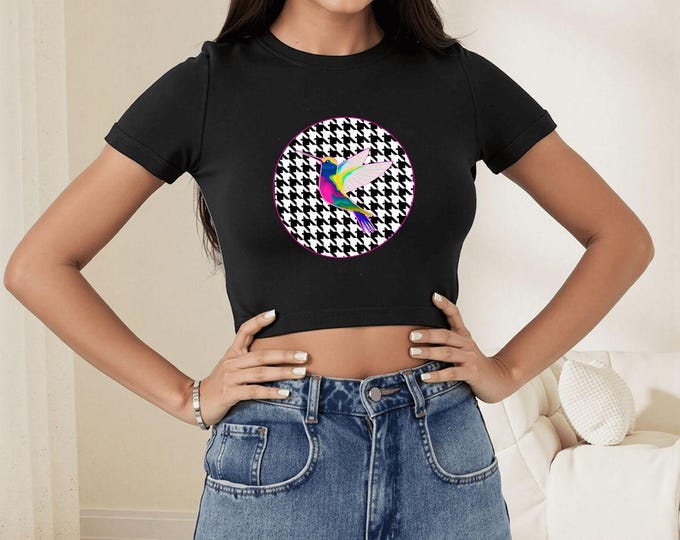 Hummingbird & Houndstooth Crop Top – Made in USA, Lightweight Summer Tee for Women, XS–XL, Native-Inspired Graphic Shirt, Casual Fashion