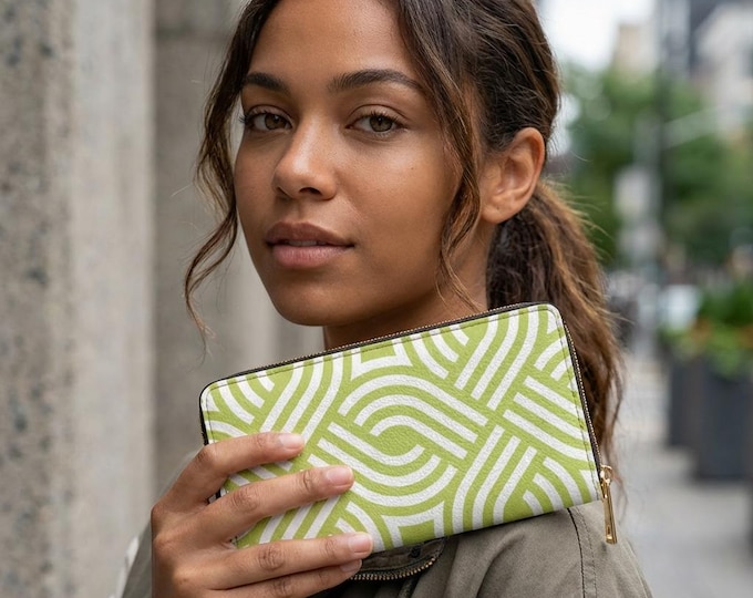 Geometric Interlocking Pattern Zipper Wallet | Lime Modern Abstract Lines