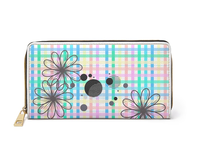 Pastel Plaid Floral Design Zipper Wallet | Plaid Flower Pattern Wallet