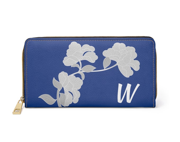 White and Blue Womens Floral Wallet, Personalized with Initial W, Zippered