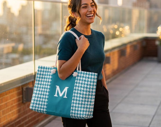 Monogram M Houndstooth Aqua White | Personalized with your Initial (Choose A-Z) Weekender Tote bag