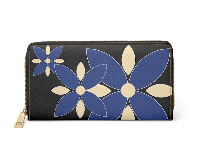 Blue Cream Floral Zipper Wallet | Flower Pattern Black Wallet