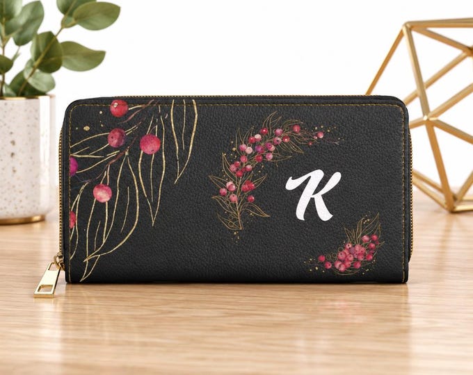 Monogram Custom Personalized Initial Black Floral Zipper Wallet | Pink Berry Botanical Design