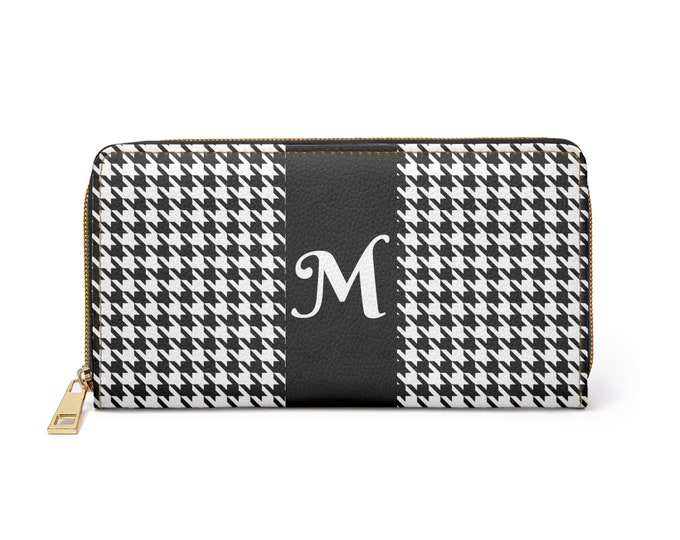 Houndstooth Black and White, White detail Initial M, Womens Zippered Wallet, Personalized
