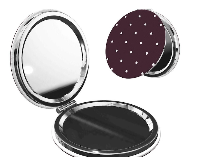 Round Shape Portable Pocket Mirror, White Polka Dots in Native Berry