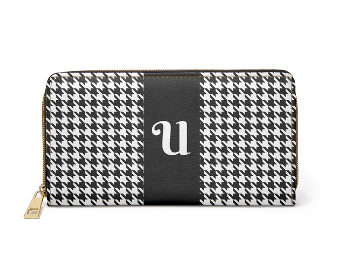 Houndstooth Black and White with White Initial U, Womens Zippered Wallet, Personalized Wallet, Womens Wallet