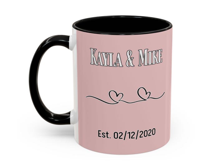 Couples Custom Pink Heart Script Coffee Mug | Accent 11oz 15oz