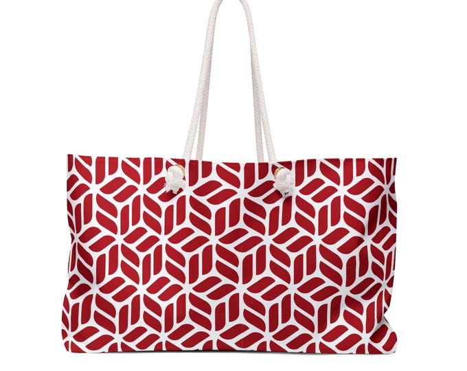 Geometric Red Tile Pattern Weekender Bag | Large Canvas Tote