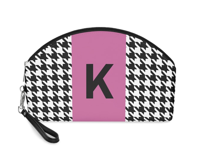 Pink, Black, and White Houndstooth patterned Makeup Bag, Personalized with Initial K, Her Makeup bag, Initialized