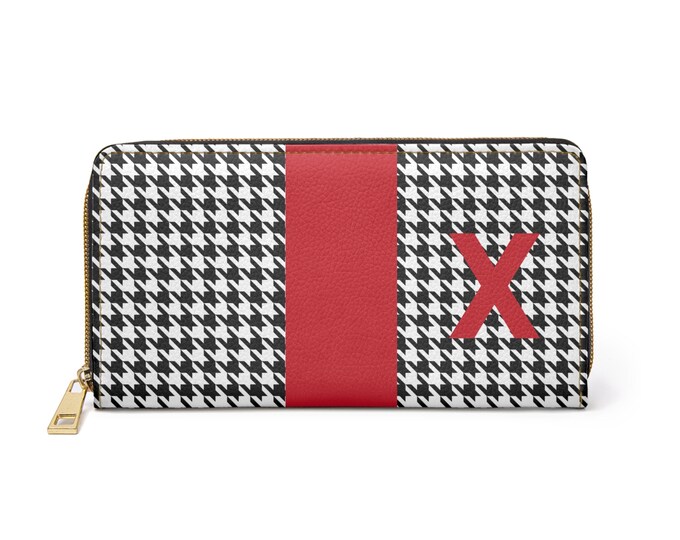 Houndstooth Black and White with Red X Initialized Detail Womens Zippered Wallet