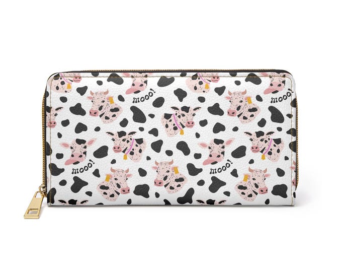 Cow Print Wallet for Women | White Zipper Purse Vegan Gift | Cute Animal Lover Birthday Accessory