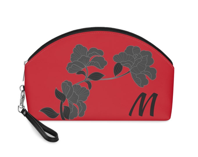 Red and Black Womens Floral Makeup Bag, Personalized with your Initial, Zippered Cosmetic Bag, Initial M