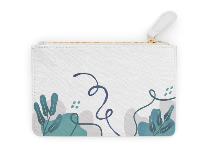 Teal Abstract Foliage Mini Clutch Bag | Botanical Zip Pouch