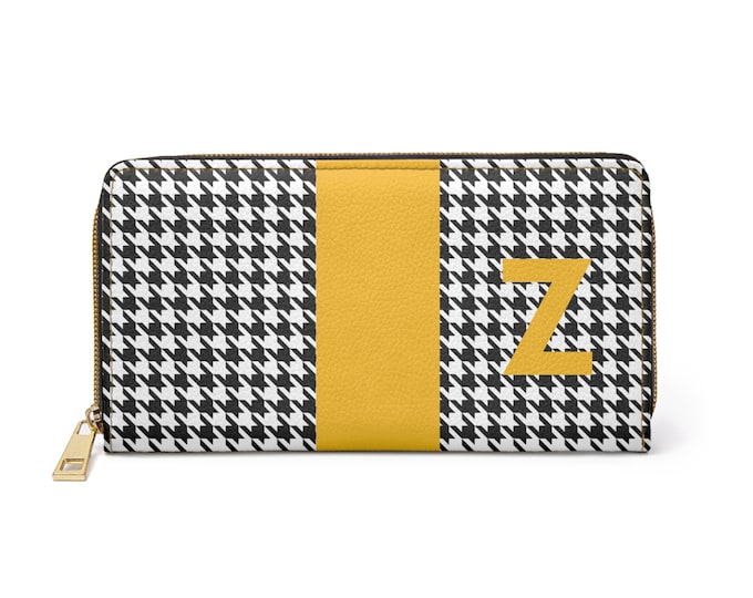Houndstooth Black and White with Marigold Z Initialized Detail Womens Zippered Wallet, Personalized Wallet, Initialized, Womens Wallet