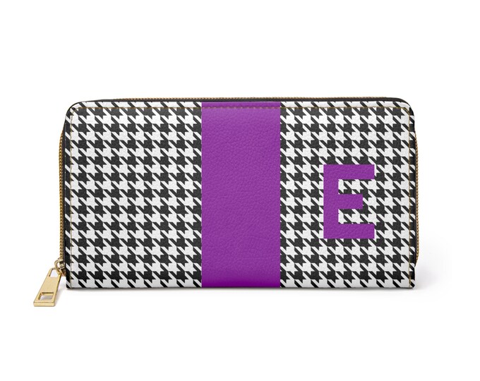 Personalized Houndstooth Wallet, Black & White Zipper Wallet with Purple E Initial, Faux Leather Clutch for Women, Monogram Gift for Her