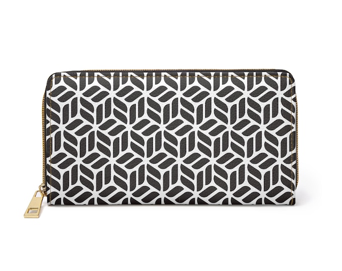 Geometric Cube Pattern Zipper Wallet | Black White Modern Print