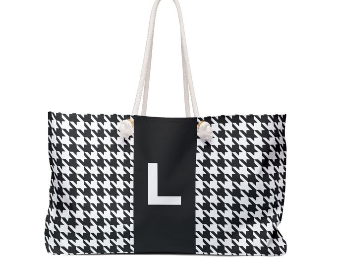 Black, and White with Black L Bag, Initialized Detail Womens Weekender Tote Bag, Personalized Bag, Initialized Handbag