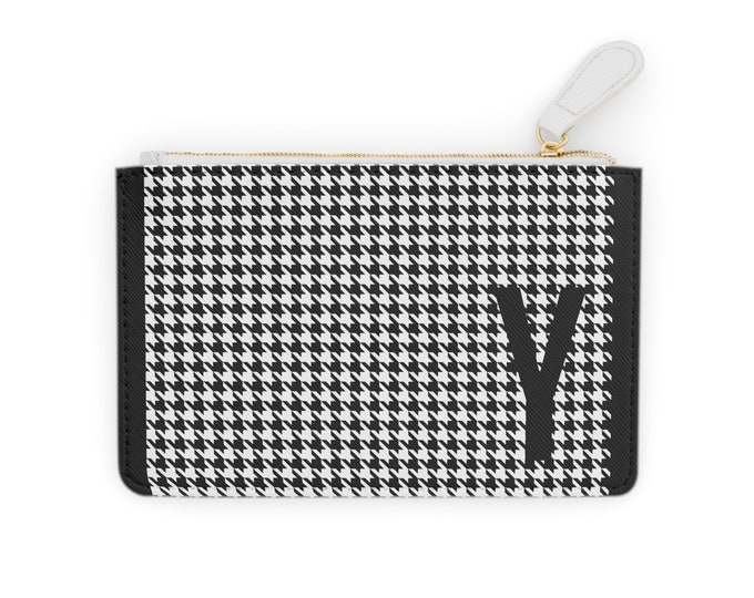 Houndstooth Black Detail Initialized, Y Initial, Personalized Mini Clutch Bag, Womens Zippered Card Holder