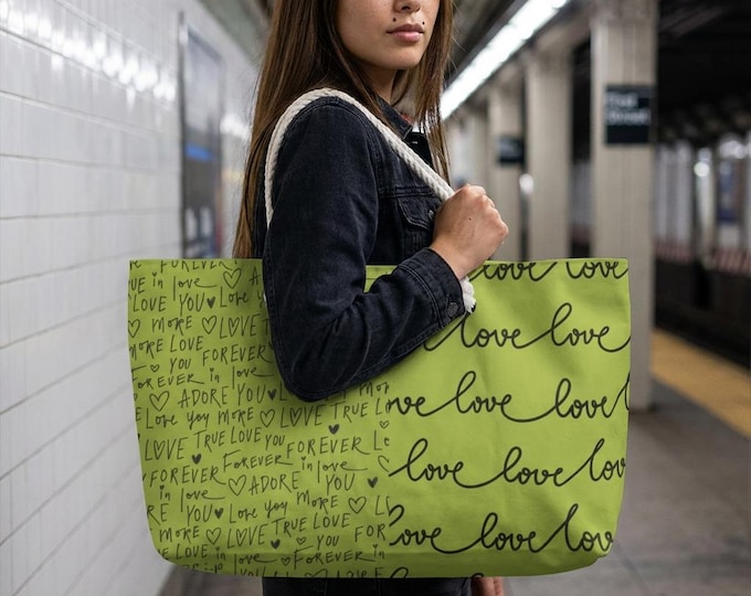 Handwritten 'Love' Script Weekender Bag | Lime Script Pattern
