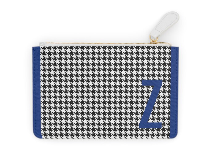 Houndstooth Blue Detail Initialized, Z Initial, Personalized Mini Clutch Bag, Womens Zippered Card Holder