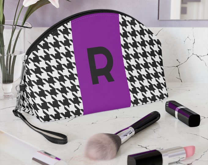 Purple, Black, and White Houndstooth patterned Makeup Bag, Personalized with Initial R, Her Makeup bag, Initialized