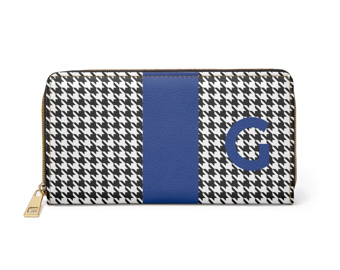 Houndstooth Black and White with Blue G Initialized Detail Womens Zippered Wallet