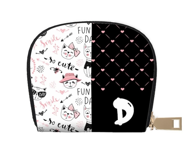Cute Cats Wallet – Pink, Black & White | Personalized Initial D | Leather Semicircle Card Holder | Women’s Mini Wallet