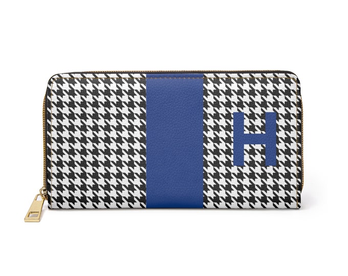 Houndstooth Black and White with Blue H  initialized Detail Womens Zippered Wallet