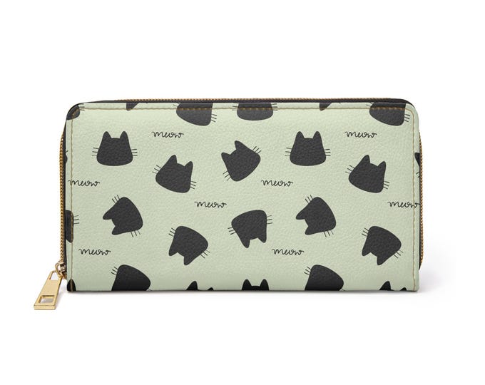 Black Cat Head Pattern Zipper Wallet | Mint Background, Cute Cat Faces