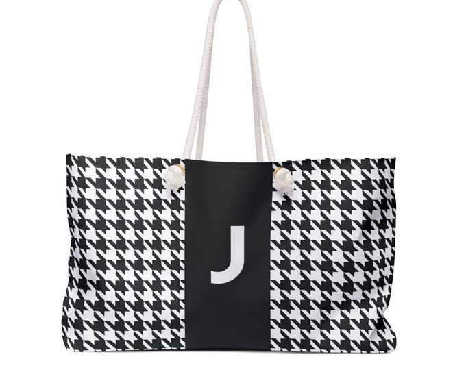 Black, and White with Black J Bag, Initialized Detail Womens Weekender Tote Bag, Personalized Bag, Initialized Handbag