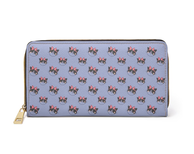 Cat Faces Zipper Wallet | Gray Blue Patterned Kitty with Pink Bows