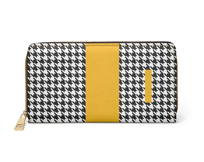 Houndstooth Black and White with Marigold I Initialized Detail Womens Zippered Wallet, Personalized Wallet, Initialized, Womens Wallet
