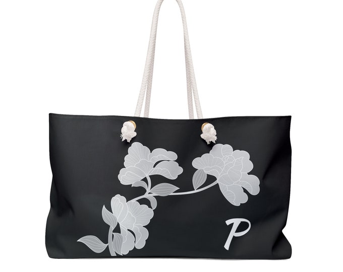 Black & White Floral Tote Bag, Personalized Weekender with Initial P, Oversized Beach Bag, Gift for Her, Travel Tote