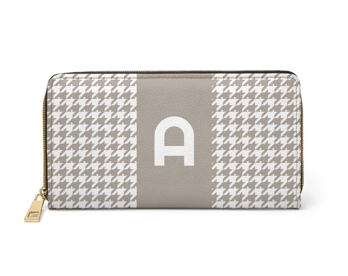 Houndstooth White & Beige Zippered Wallet – Personalized Women’s Wallet A-Z Initials, Elegant Faux Leather Card Holder