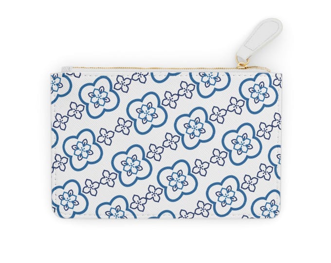 Blue Floral Pattern Mini Clutch Bag | Handbag Pouch, Zip Wallet