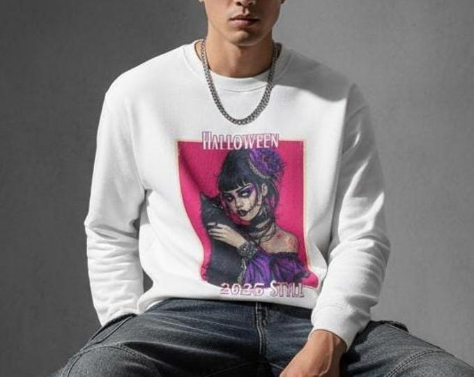 Halloween 2025 Style Crewneck Sweatshirt, Unisex Halloween Sweatshirt, Cat Lover Gift, Gothic Style Sweater, Cozy Halloween Apparel
