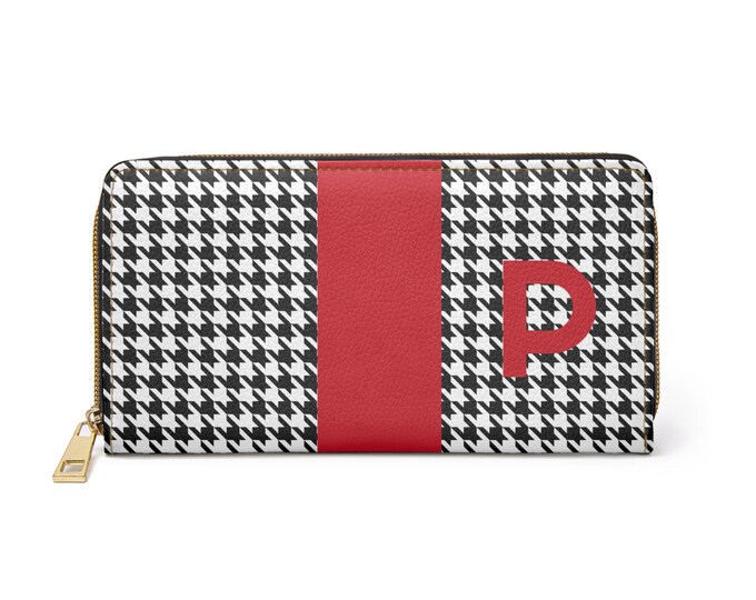 Houndstooth Black and White with Red P Initialized Detail Womens Zippered Wallet
