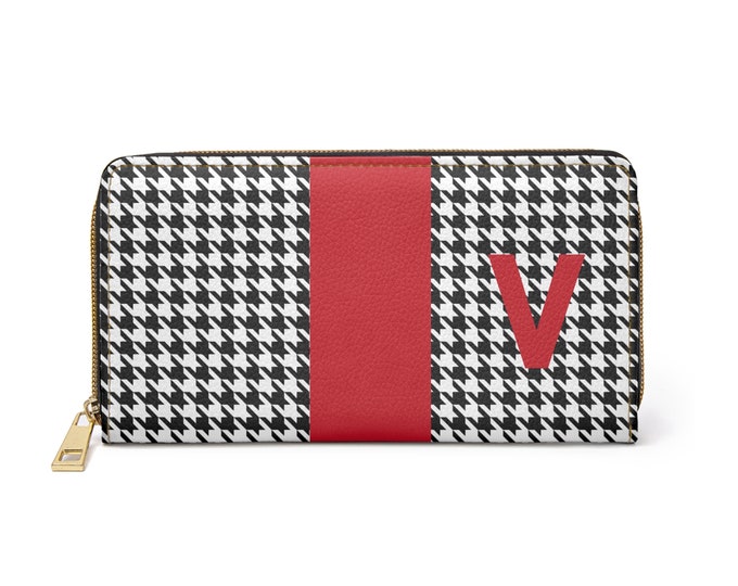 Houndstooth Black and White with Red V Initialized Detail Womens Zippered Wallet