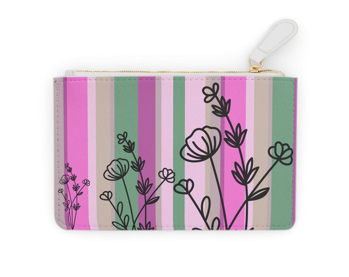 Floral Stripe Pattern Mini Clutch Wallet | Pink Green Floral Zipper Pouch