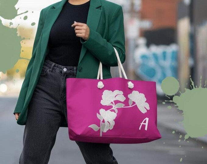 Personalized Floral Tote with Initial A B C D E F | Magenta & White Weekender Bag | Gift for Her | Travel Tote | Iron Woman 80