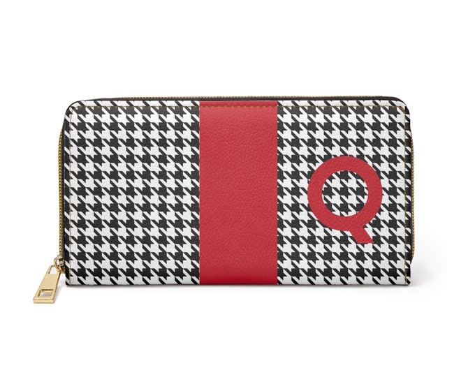 Houndstooth Black and White with Red Q Initialized Detail Womens Zippered Wallet