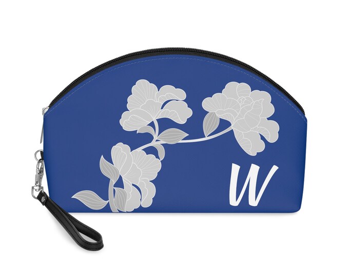 White and Blue Womens Floral Makeup Bag, Personalized with your Initial, Zippered Cosmetic Bag, Initial W