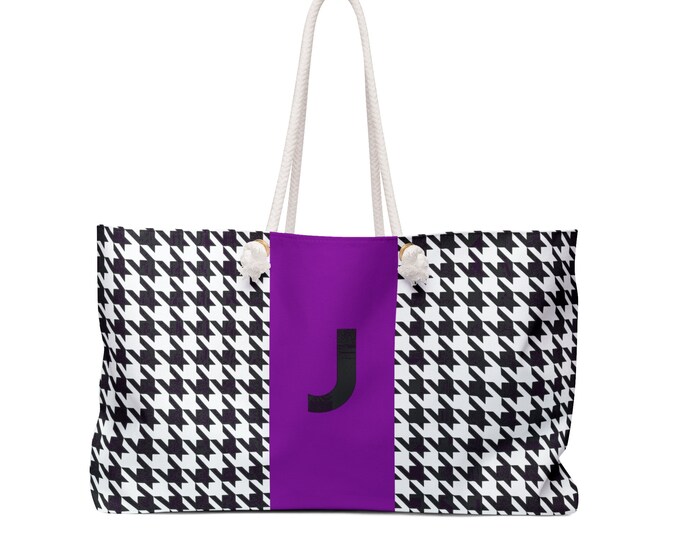 Houndstooth Black, White and Purple, with Black J Initialized Detail Womens Weekender Tote Bag, Personalized Bag, Initialized Handbag