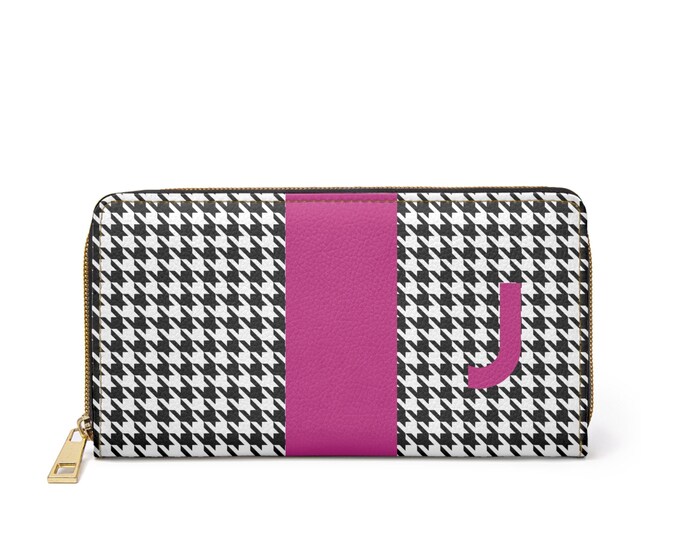 Houndstooth Black and White with Magenta J Initialized Detail Womens Zippered Wallet, Personalized Wallet, Initialized, Womens Wallet