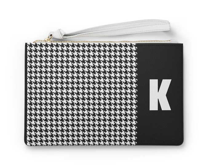 Black and White with your Initial, Choose K-O, Stylish Houndstooth Clutch Bag, Trendy Accessory for Women