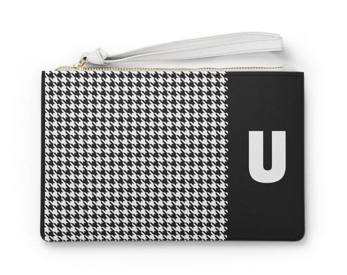 Black and White with your Initial, Choose U-W, Stylish Houndstooth Clutch Bag, Trendy Accessory for Women