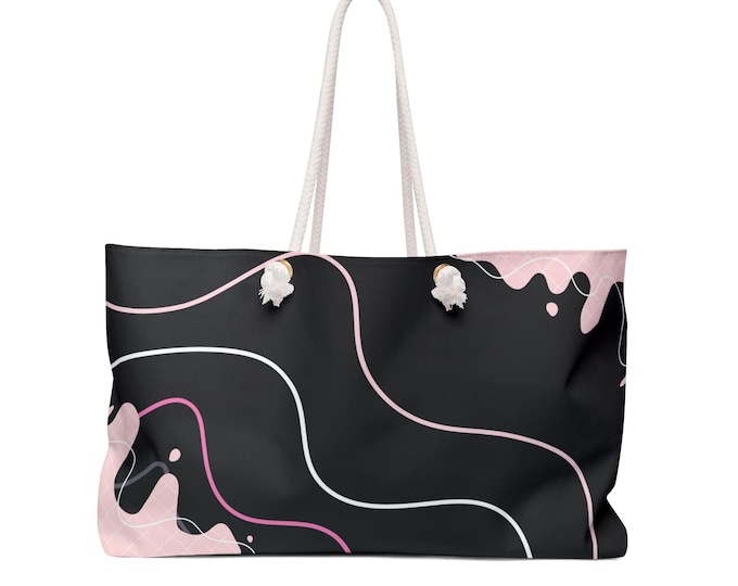 Pink Black Abstract Waves Weekender Tote Bag | Modern Travel Bag