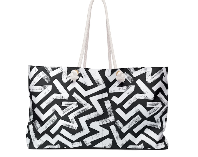 Black White Geometric Zigzag Pattern Weekender Bag | Large Travel Tote