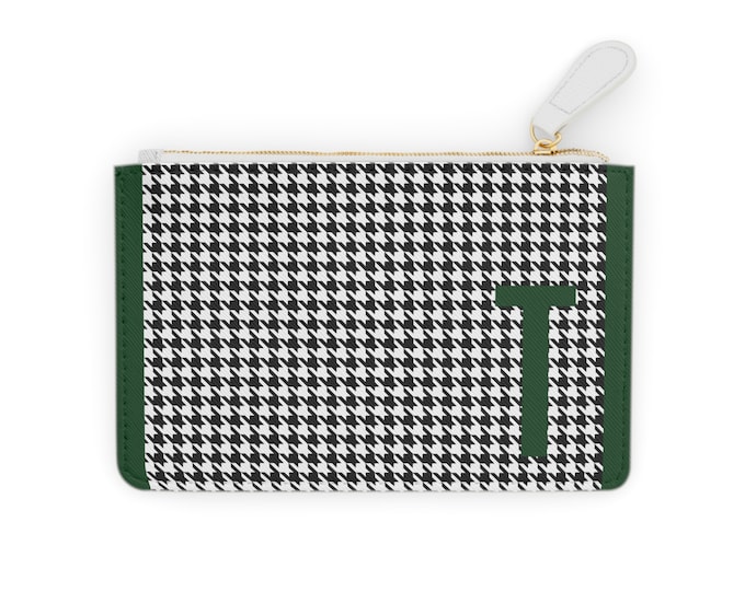 Houndstooth Forrest Green Detail Initialized, T Initial, Personalized Mini Clutch Bag, Womens Zippered Card Holder