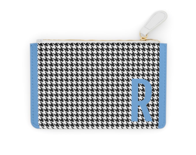 Mini Clutch Card Holder, Light Blue Initial with R Black and White Design, Personalized Card Holder
